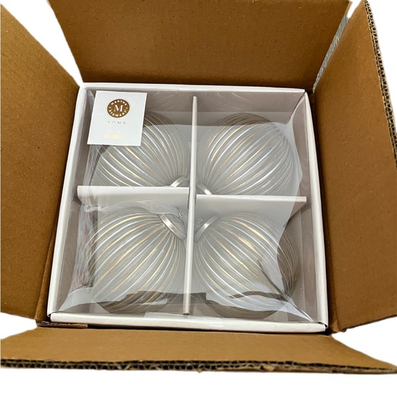 Martha Stewart Glass 4 Christmas Ball Ornaments Silver Gold Glitter.  New Box. - Picture 1 of 8